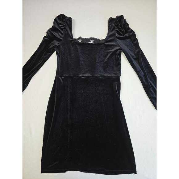 Black Velvet Puff Long Sleeve Goth Square Scoop Neck Lace Trim Dress XL - Picture 3 of 4